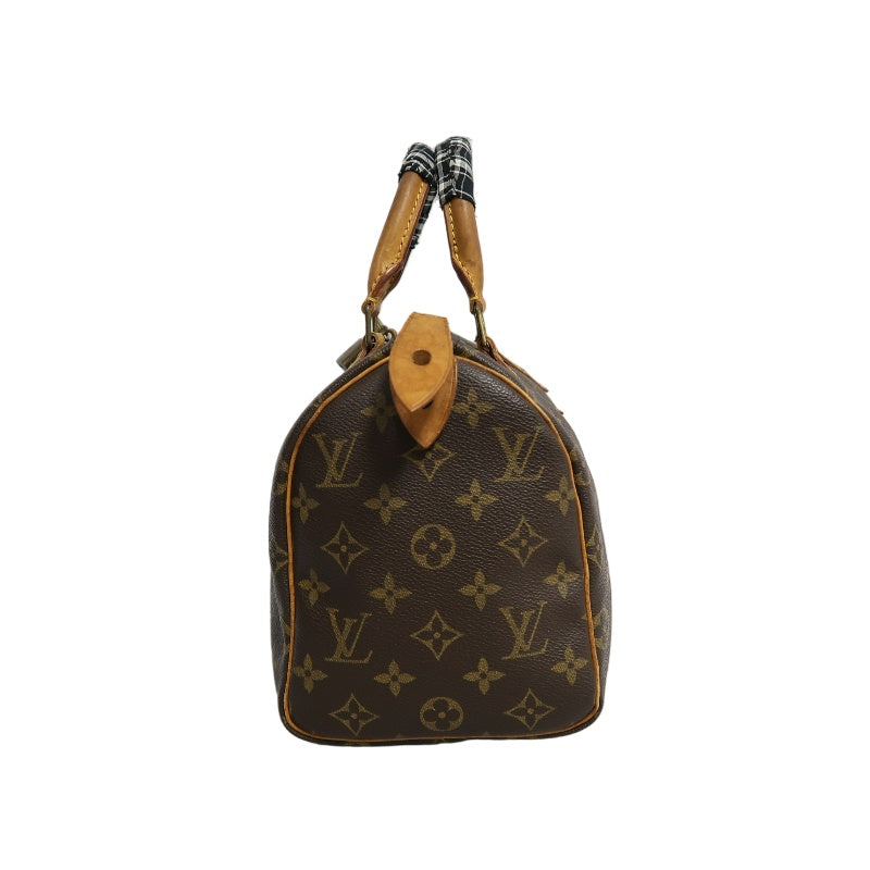 LOUIS VUITTON Monogram Speedy 25 Boston Handbag Brown Classic Canvas Tan Patina Calfskin Trim Original Padlock and Key Included Timeless Iconic Vintage Casual Everyday Bag