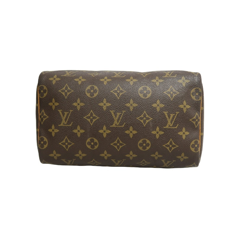 LOUIS VUITTON Monogram Speedy 25 Boston Handbag Brown Classic Canvas Tan Patina Calfskin Trim Original Padlock and Key Included Timeless Iconic Vintage Casual Everyday Bag