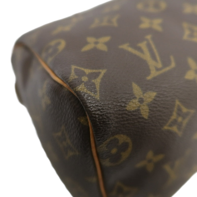 LOUIS VUITTON Monogram Speedy 25 Boston Handbag Brown Classic Canvas Tan Patina Calfskin Trim Original Padlock and Key Included Timeless Iconic Vintage Casual Everyday Bag