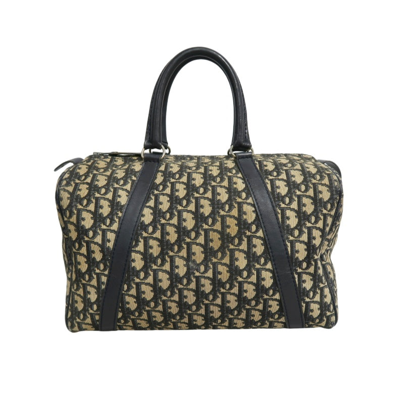CHRISTIAN DIOR Oblique Trotter Mini Boston Handbag Beige Navy Monogram Canvas Black Leather Trim Spacious Vintage Classic Casual Commute Bag