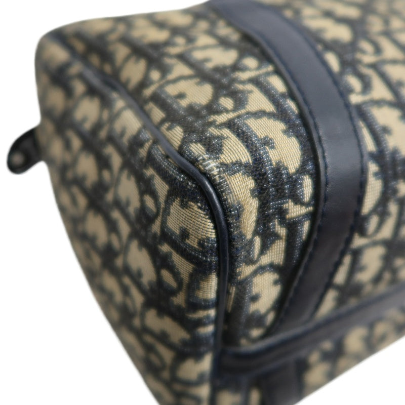 CHRISTIAN DIOR Oblique Trotter Mini Boston Handbag Beige Navy Monogram Canvas Black Leather Trim Spacious Vintage Classic Casual Commute Bag