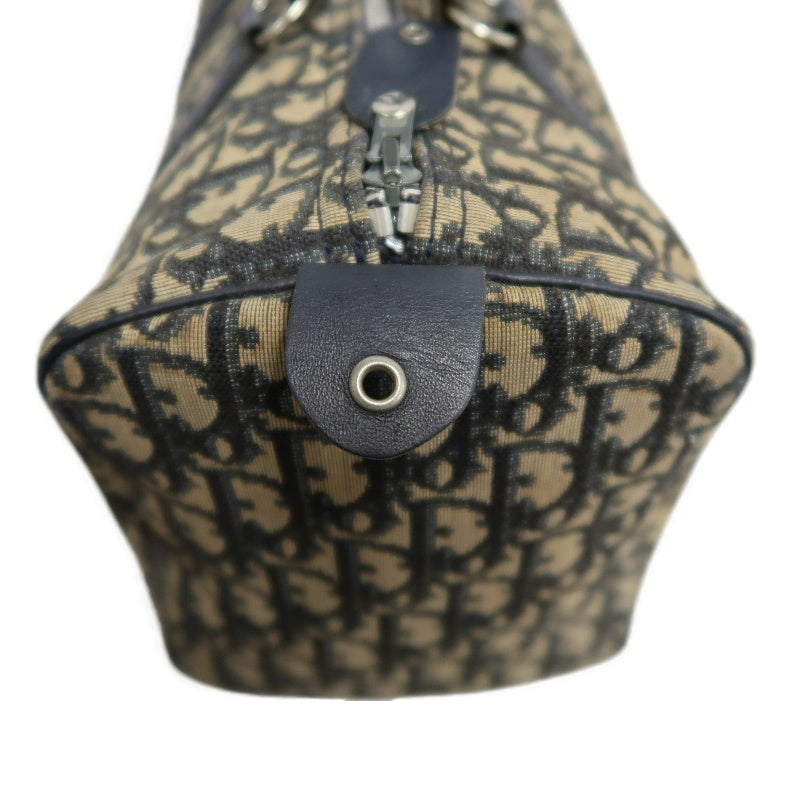 CHRISTIAN DIOR Oblique Trotter Mini Boston Handbag Beige Navy Monogram Canvas Black Leather Trim Spacious Vintage Classic Casual Commute Bag