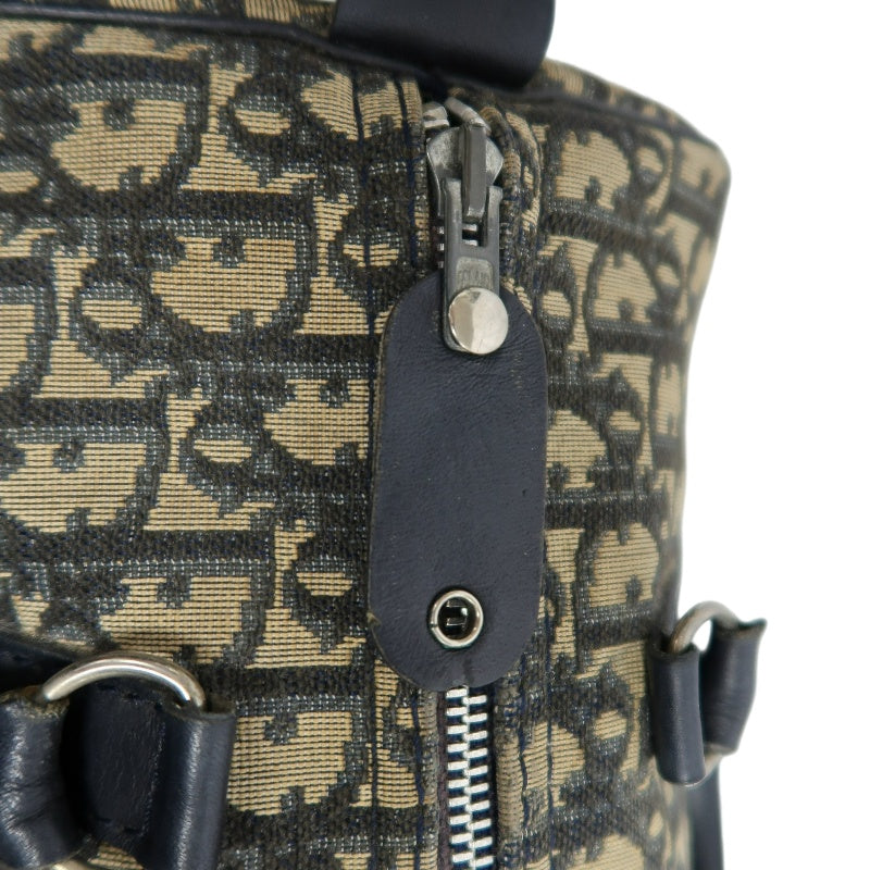 CHRISTIAN DIOR Oblique Trotter Mini Boston Handbag Beige Navy Monogram Canvas Black Leather Trim Spacious Vintage Classic Casual Commute Bag