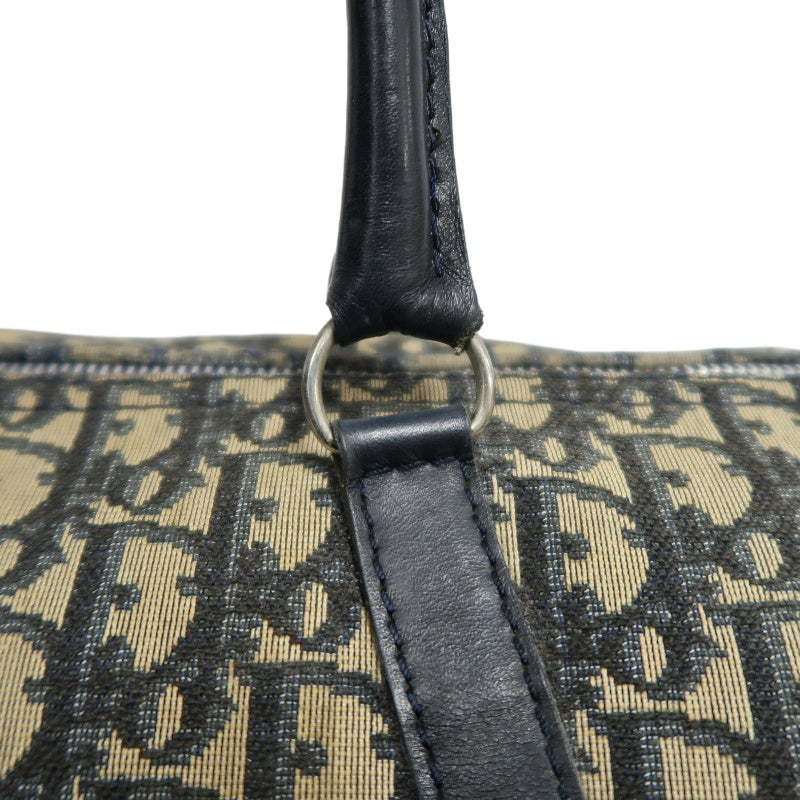 CHRISTIAN DIOR Oblique Trotter Mini Boston Handbag Beige Navy Monogram Canvas Black Leather Trim Spacious Vintage Classic Casual Commute Bag