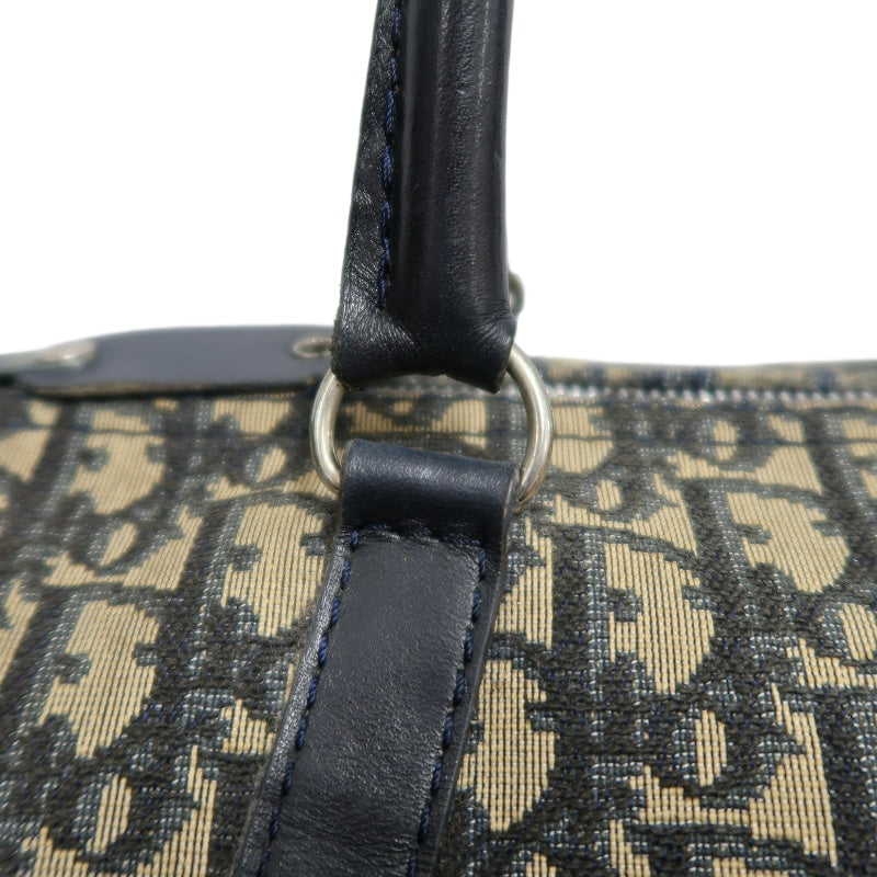 CHRISTIAN DIOR Oblique Trotter Mini Boston Handbag Beige Navy Monogram Canvas Black Leather Trim Spacious Vintage Classic Casual Commute Bag