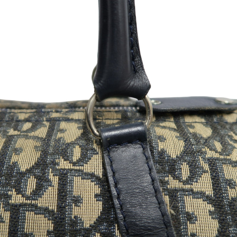 CHRISTIAN DIOR Oblique Trotter Mini Boston Handbag Beige Navy Monogram Canvas Black Leather Trim Spacious Vintage Classic Casual Commute Bag