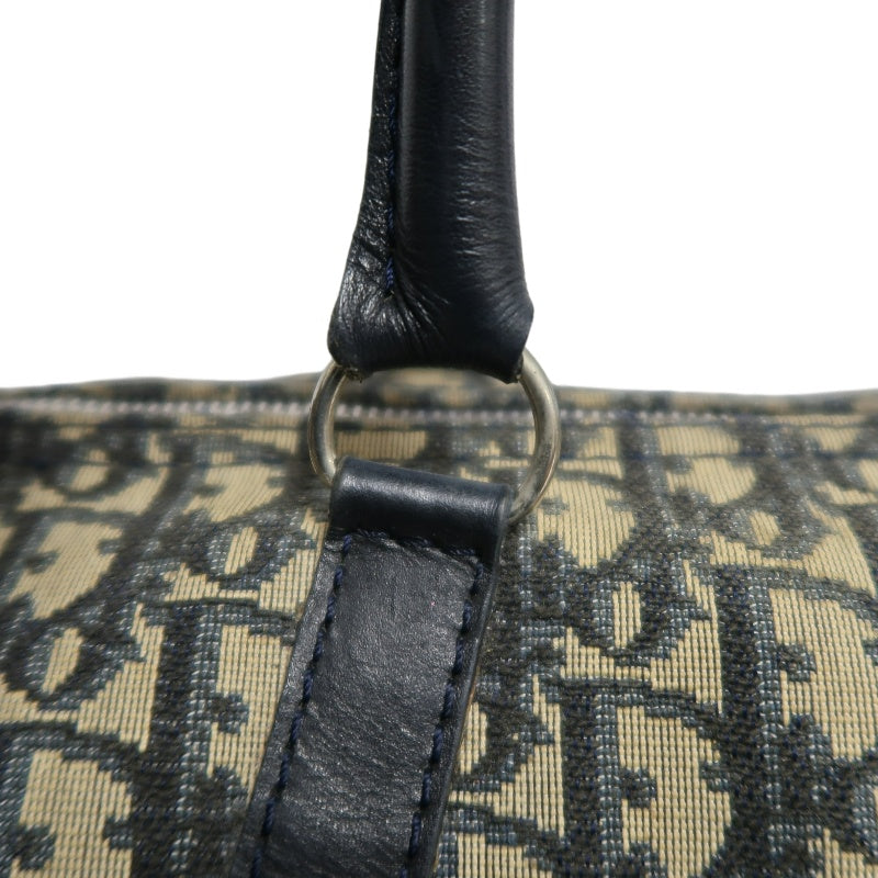 CHRISTIAN DIOR Oblique Trotter Mini Boston Handbag Beige Navy Monogram Canvas Black Leather Trim Spacious Vintage Classic Casual Commute Bag