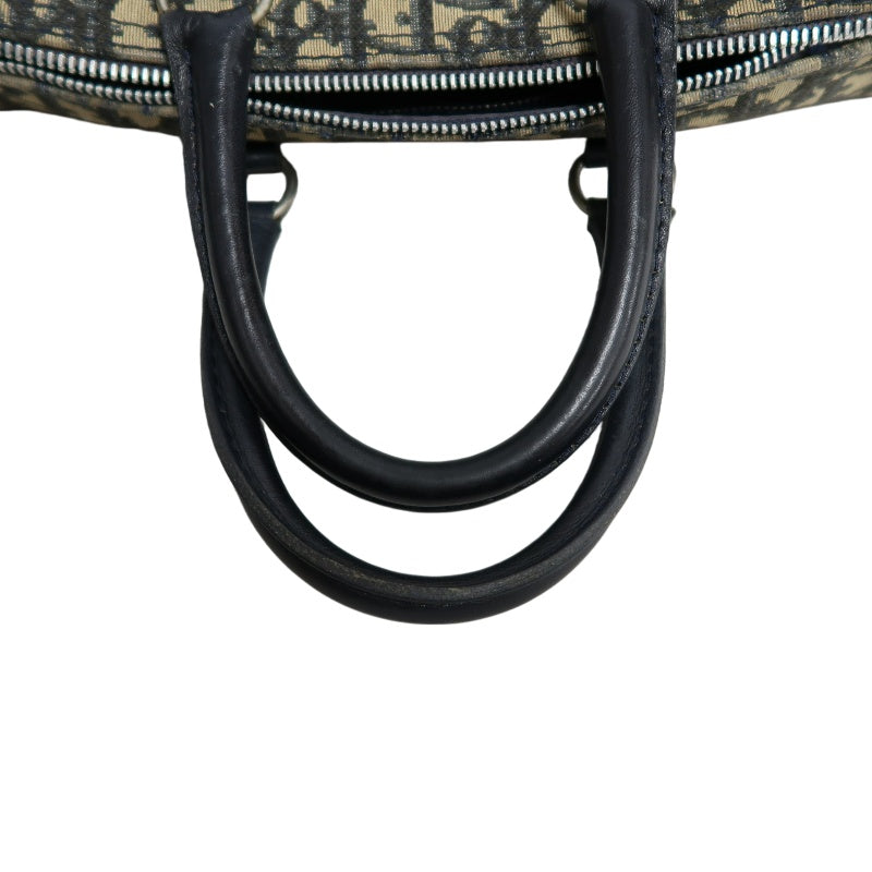 CHRISTIAN DIOR Oblique Trotter Mini Boston Handbag Beige Navy Monogram Canvas Black Leather Trim Spacious Vintage Classic Casual Commute Bag