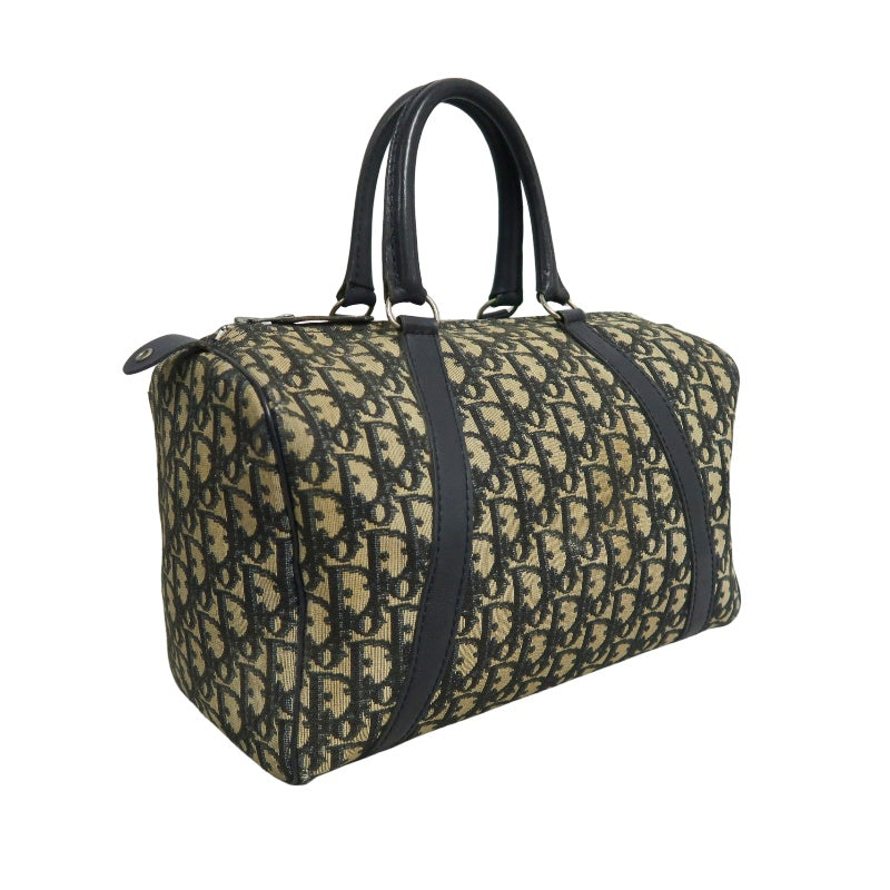 CHRISTIAN DIOR Oblique Trotter Mini Boston Handbag Beige Navy Monogram Canvas Black Leather Trim Spacious Vintage Classic Casual Commute Bag