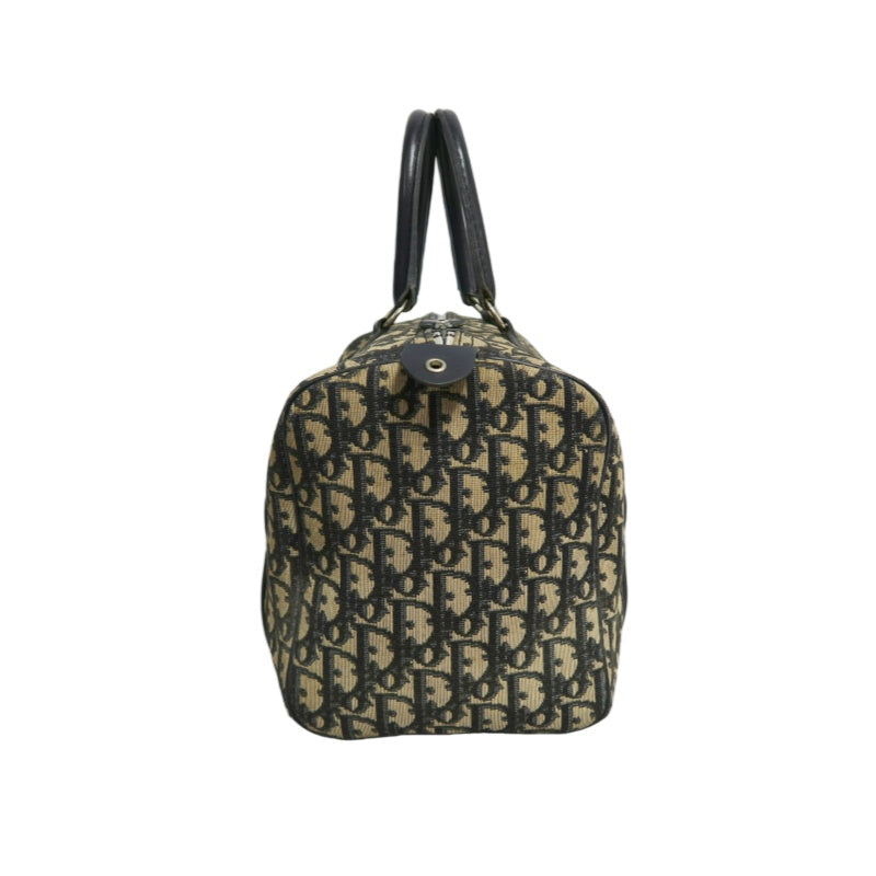 CHRISTIAN DIOR Oblique Trotter Mini Boston Handbag Beige Navy Monogram Canvas Black Leather Trim Spacious Vintage Classic Casual Commute Bag