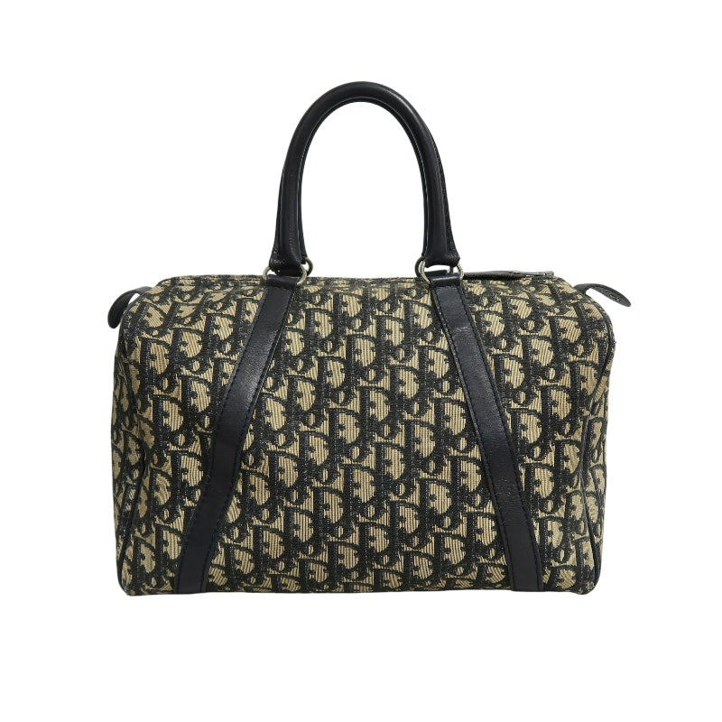CHRISTIAN DIOR Oblique Trotter Mini Boston Handbag Beige Navy Monogram Canvas Black Leather Trim Spacious Vintage Classic Casual Commute Bag