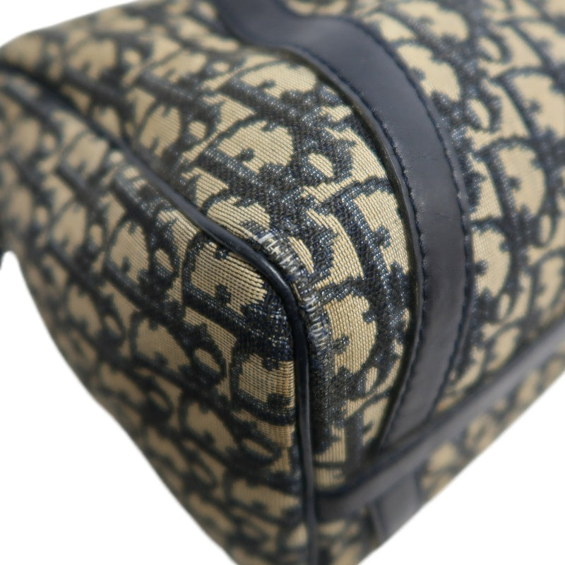 CHRISTIAN DIOR Oblique Trotter Mini Boston Handbag Beige Navy Monogram Canvas Black Leather Trim Spacious Vintage Classic Casual Commute Bag