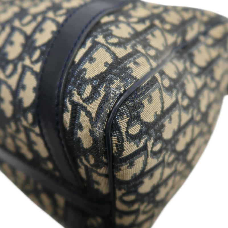 CHRISTIAN DIOR Oblique Trotter Mini Boston Handbag Beige Navy Monogram Canvas Black Leather Trim Spacious Vintage Classic Casual Commute Bag