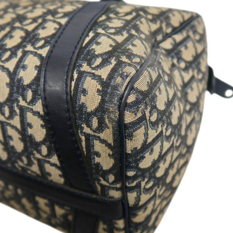 CHRISTIAN DIOR Oblique Trotter Mini Boston Handbag Beige Navy Monogram Canvas Black Leather Trim Spacious Vintage Classic Casual Commute Bag