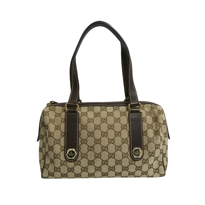 GUCCI GG Monogram Canvas Mini Boston Handbag Beige Brown Classic Pattern Dark Brown Leather Trim Gold Brand Logo Hardware Vintage Spacious Casual Commute Bag