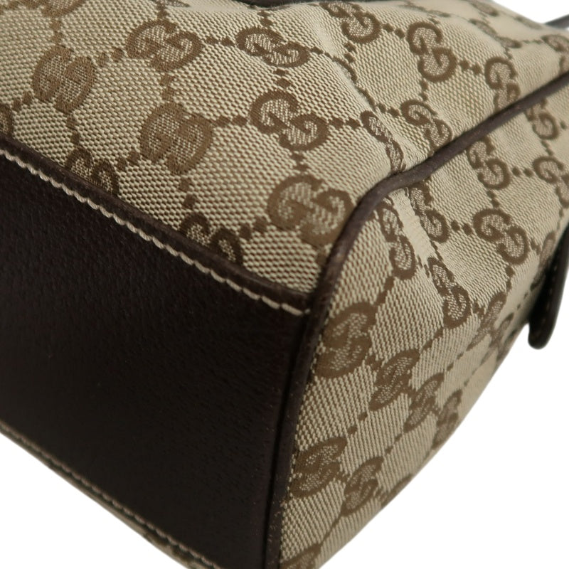 GUCCI GG Monogram Canvas Mini Boston Handbag Beige Brown Classic Pattern Dark Brown Leather Trim Gold Brand Logo Hardware Vintage Spacious Casual Commute Bag