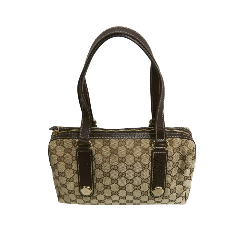 GUCCI GG Monogram Canvas Mini Boston Handbag Beige Brown Classic Pattern Dark Brown Leather Trim Gold Brand Logo Hardware Vintage Spacious Casual Commute Bag