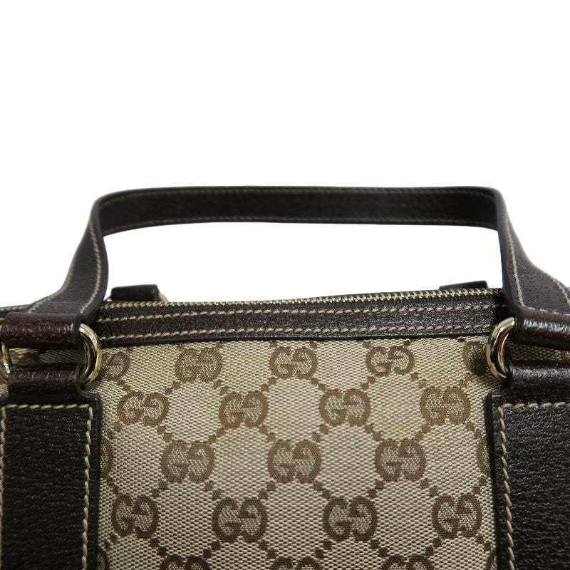 GUCCI GG Monogram Canvas Mini Boston Handbag Beige Brown Classic Pattern Dark Brown Leather Trim Gold Brand Logo Hardware Vintage Spacious Casual Commute Bag