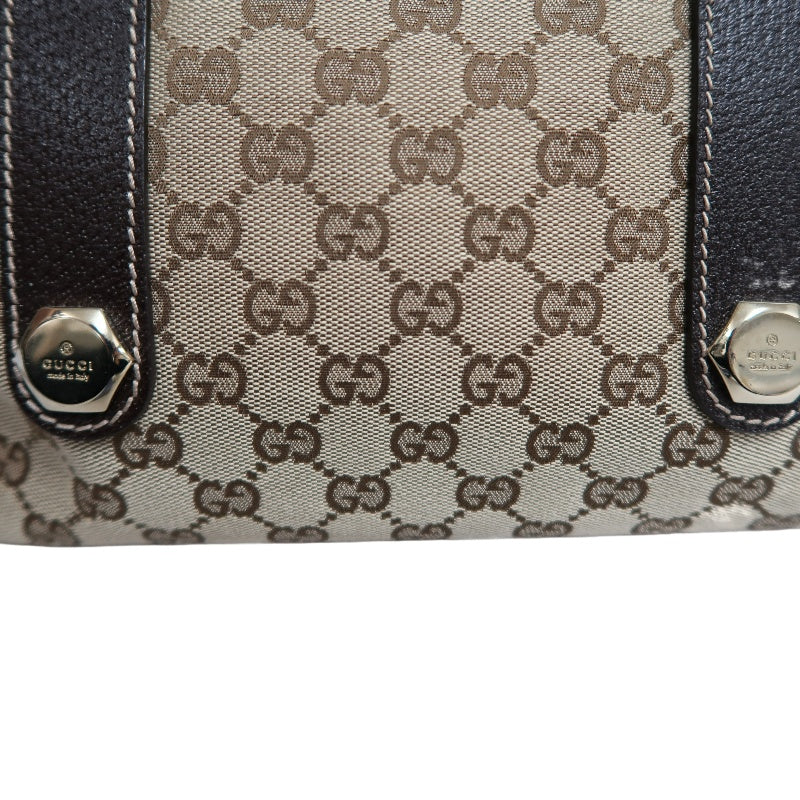 GUCCI GG Monogram Canvas Mini Boston Handbag Beige Brown Classic Pattern Dark Brown Leather Trim Gold Brand Logo Hardware Vintage Spacious Casual Commute Bag