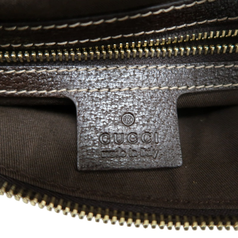 GUCCI GG Monogram Canvas Mini Boston Handbag Beige Brown Classic Pattern Dark Brown Leather Trim Gold Brand Logo Hardware Vintage Spacious Casual Commute Bag