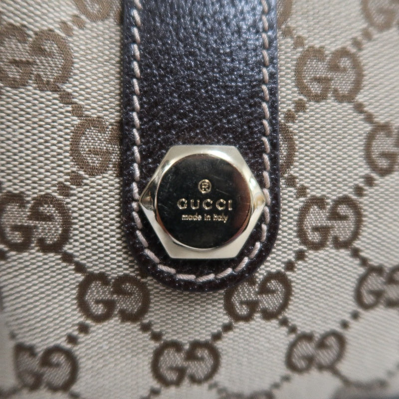 GUCCI GG Monogram Canvas Mini Boston Handbag Beige Brown Classic Pattern Dark Brown Leather Trim Gold Brand Logo Hardware Vintage Spacious Casual Commute Bag