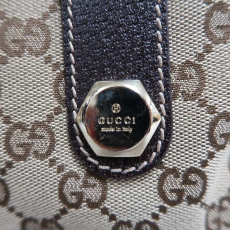 GUCCI GG Monogram Canvas Mini Boston Handbag Beige Brown Classic Pattern Dark Brown Leather Trim Gold Brand Logo Hardware Vintage Spacious Casual Commute Bag