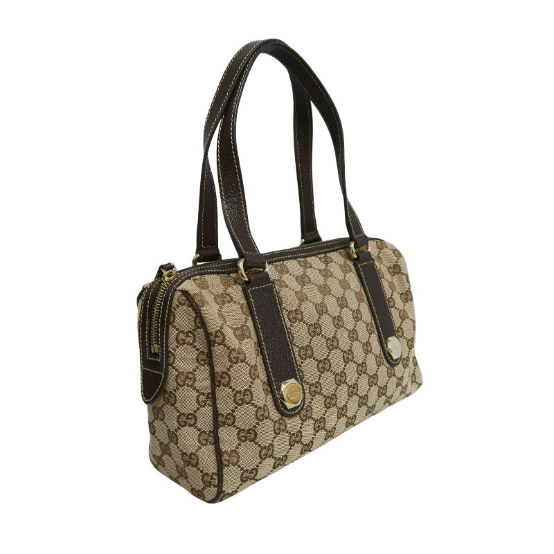 GUCCI GG Monogram Canvas Mini Boston Handbag Beige Brown Classic Pattern Dark Brown Leather Trim Gold Brand Logo Hardware Vintage Spacious Casual Commute Bag