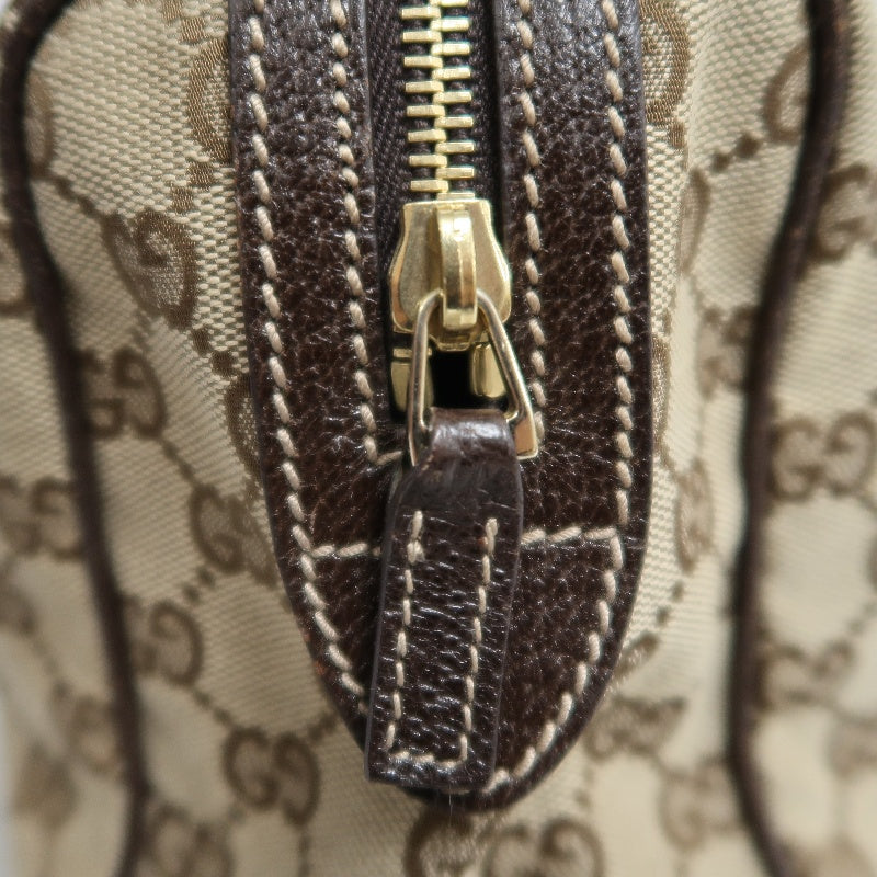 GUCCI GG Monogram Canvas Mini Boston Handbag Beige Brown Classic Pattern Dark Brown Leather Trim Gold Brand Logo Hardware Vintage Spacious Casual Commute Bag