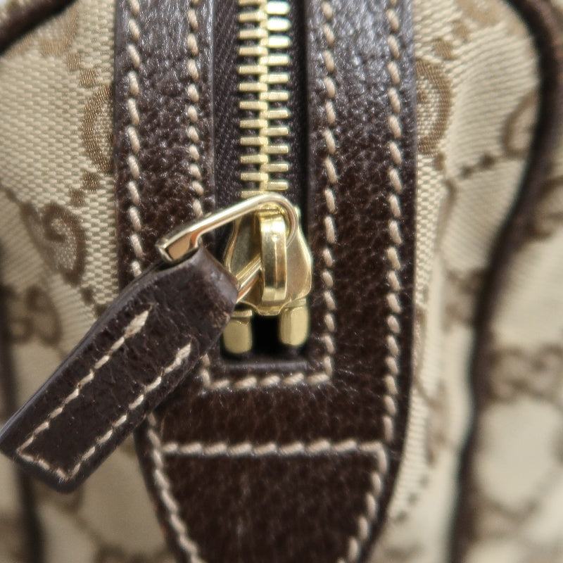 GUCCI GG Monogram Canvas Mini Boston Handbag Beige Brown Classic Pattern Dark Brown Leather Trim Gold Brand Logo Hardware Vintage Spacious Casual Commute Bag