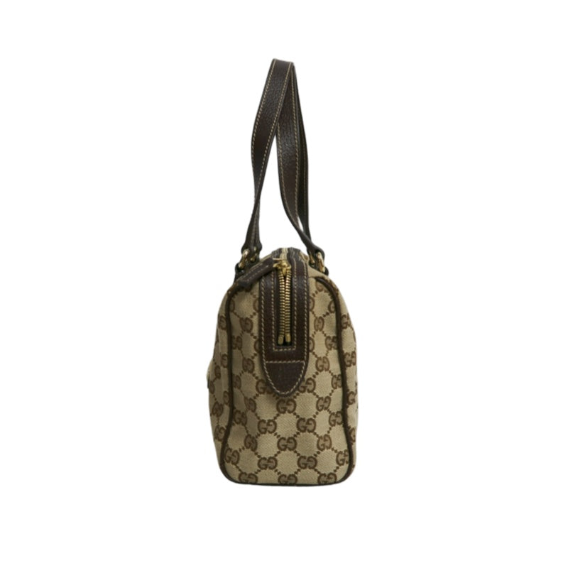 GUCCI GG Monogram Canvas Mini Boston Handbag Beige Brown Classic Pattern Dark Brown Leather Trim Gold Brand Logo Hardware Vintage Spacious Casual Commute Bag