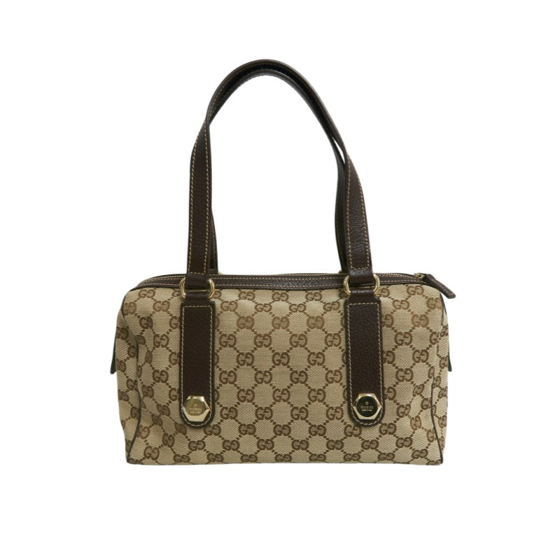 GUCCI GG Monogram Canvas Mini Boston Handbag Beige Brown Classic Pattern Dark Brown Leather Trim Gold Brand Logo Hardware Vintage Spacious Casual Commute Bag