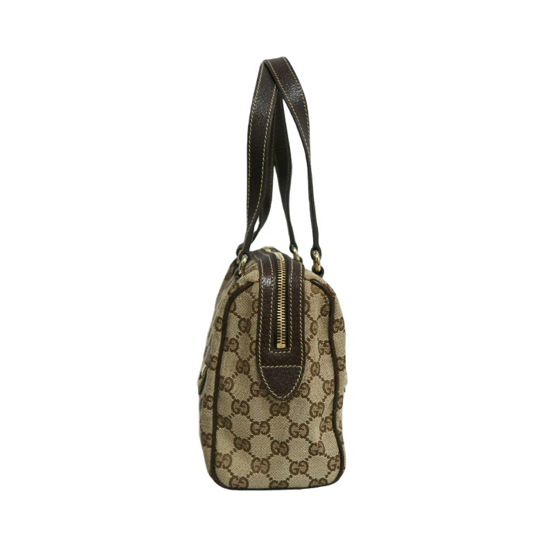 GUCCI GG Monogram Canvas Mini Boston Handbag Beige Brown Classic Pattern Dark Brown Leather Trim Gold Brand Logo Hardware Vintage Spacious Casual Commute Bag