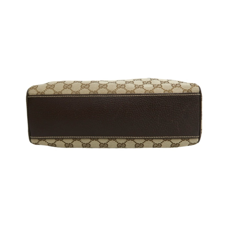 GUCCI GG Monogram Canvas Mini Boston Handbag Beige Brown Classic Pattern Dark Brown Leather Trim Gold Brand Logo Hardware Vintage Spacious Casual Commute Bag
