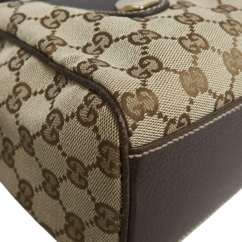 GUCCI GG Monogram Canvas Mini Boston Handbag Beige Brown Classic Pattern Dark Brown Leather Trim Gold Brand Logo Hardware Vintage Spacious Casual Commute Bag