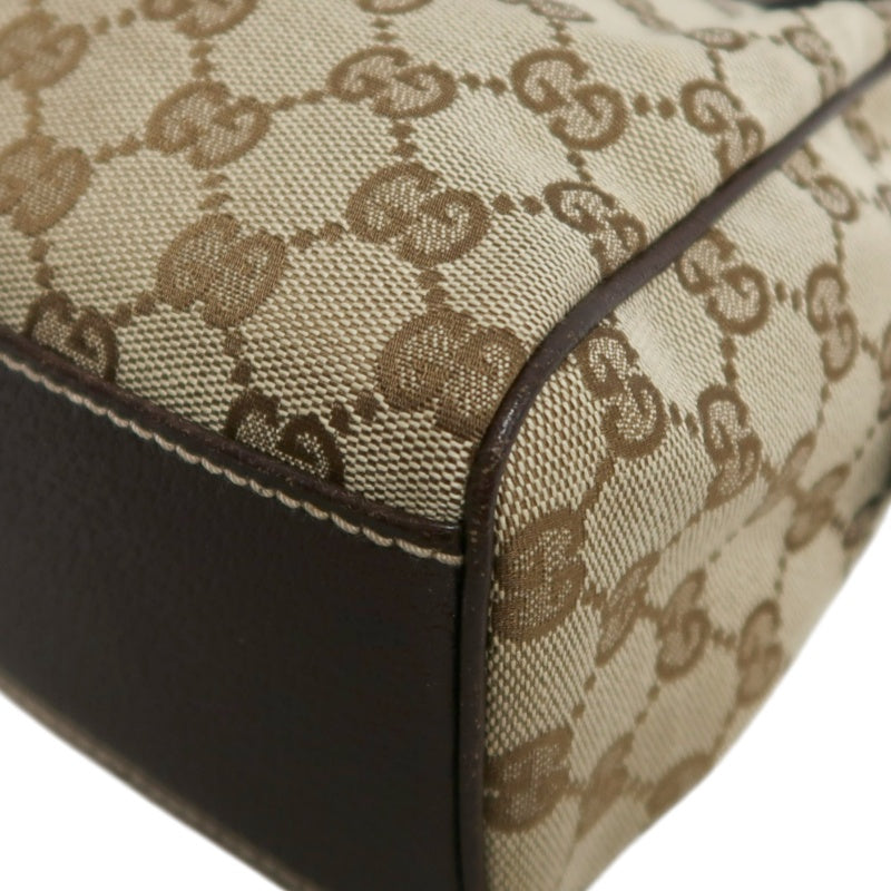 GUCCI GG Monogram Canvas Mini Boston Handbag Beige Brown Classic Pattern Dark Brown Leather Trim Gold Brand Logo Hardware Vintage Spacious Casual Commute Bag