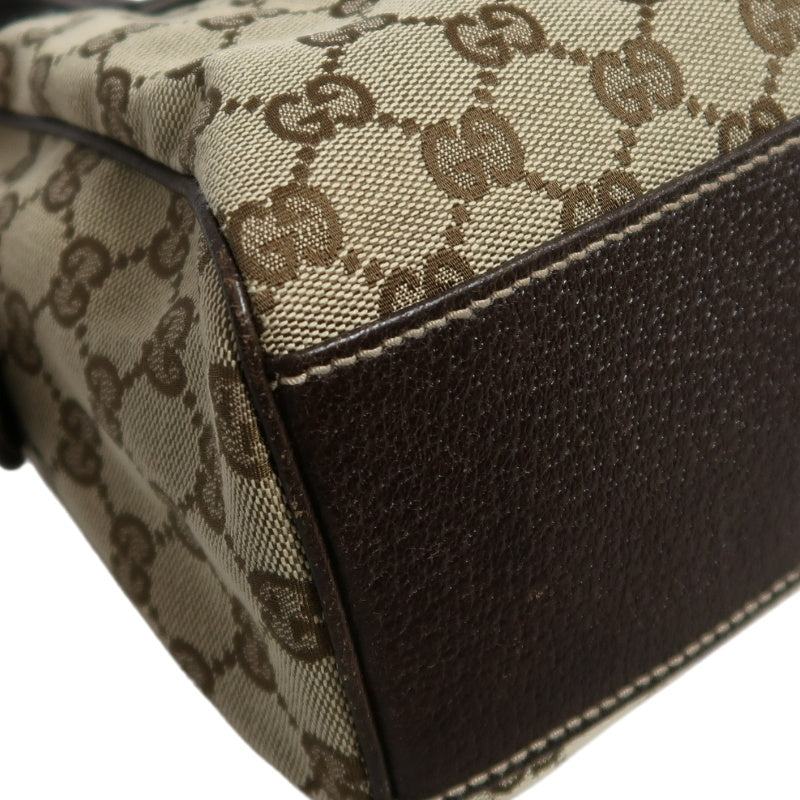 GUCCI GG Monogram Canvas Mini Boston Handbag Beige Brown Classic Pattern Dark Brown Leather Trim Gold Brand Logo Hardware Vintage Spacious Casual Commute Bag