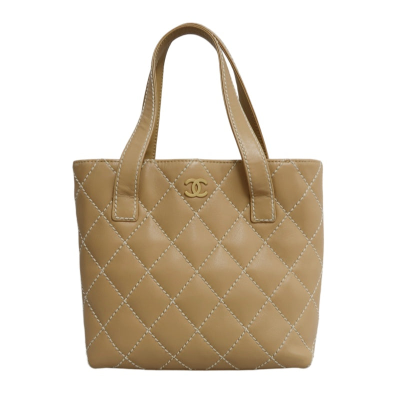 CHANEL Vintage Matelasse Wild Stitch Tote Bag Lambskin Beige Gold Hardware