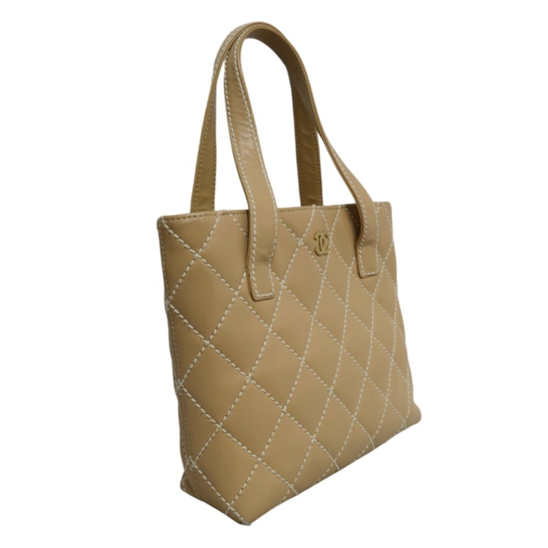 CHANEL Vintage Matelasse Wild Stitch Tote Bag Lambskin Beige Gold Hardware
