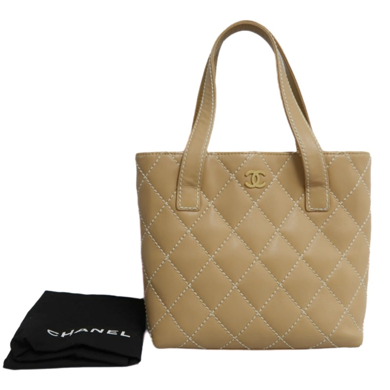 CHANEL Vintage Matelasse Wild Stitch Tote Bag Lambskin Beige Gold Hardware