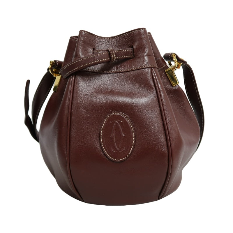 CARTIER Must de Cartier Bucket Shoulder Bag Lambskin Burgundy Red Gold Hardware Drawstring Vintage Classic