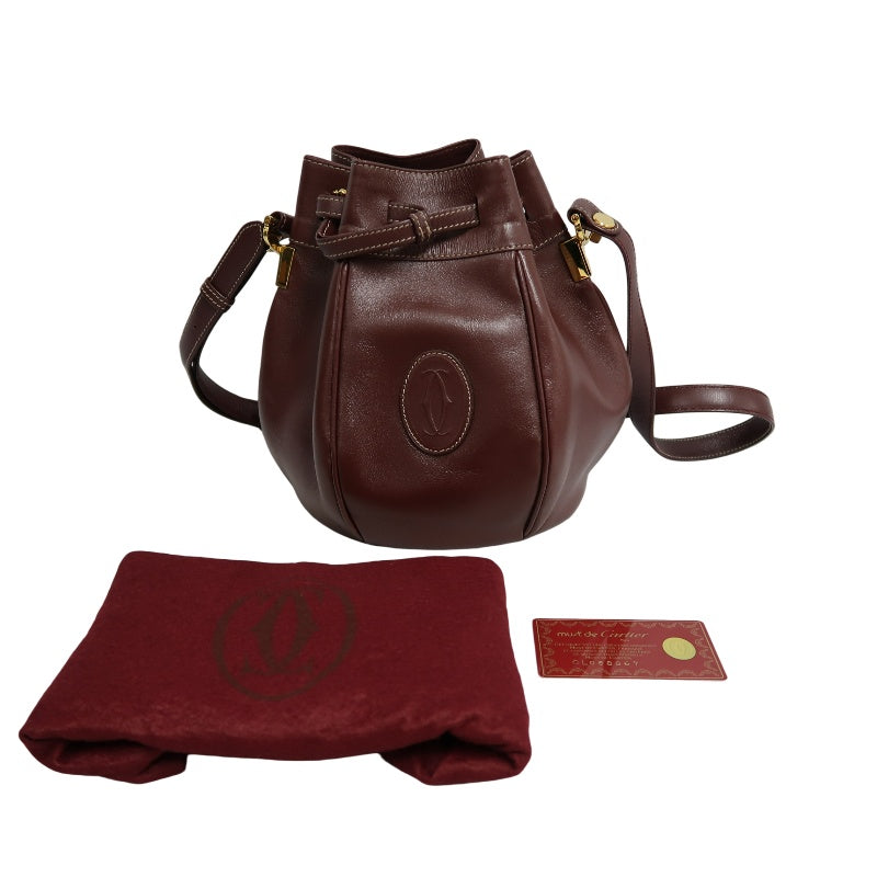 CARTIER Must de Cartier Bucket Shoulder Bag Lambskin Burgundy Red Gold Hardware Drawstring Vintage Classic