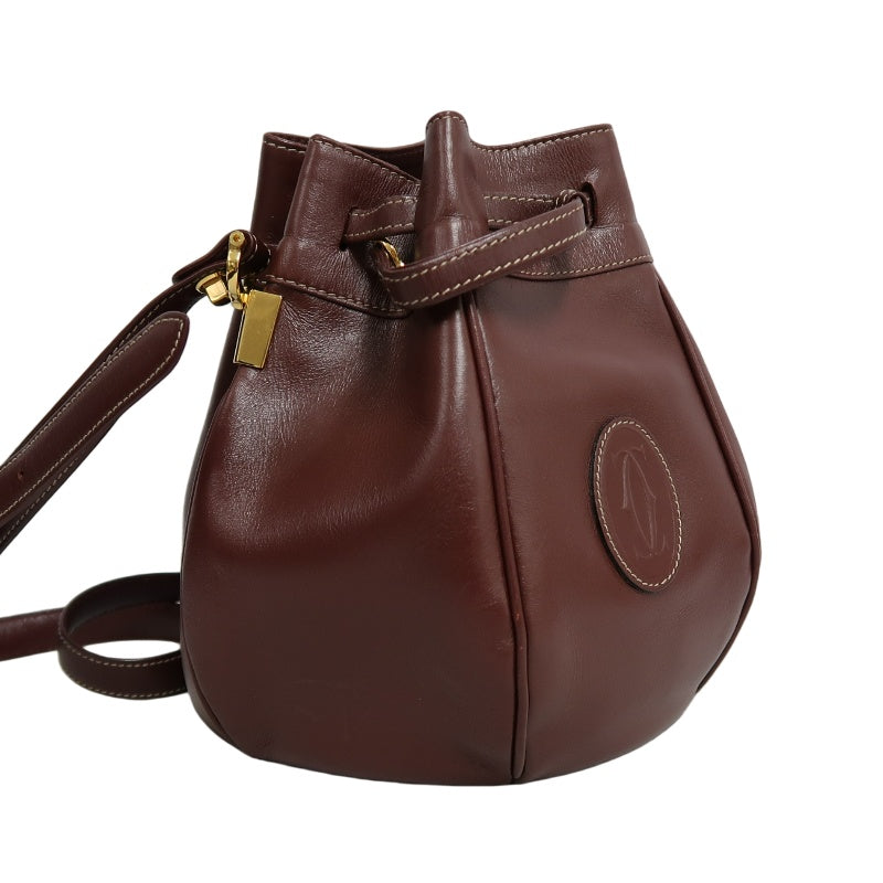 CARTIER Must de Cartier Bucket Shoulder Bag Lambskin Burgundy Red Gold Hardware Drawstring Vintage Classic