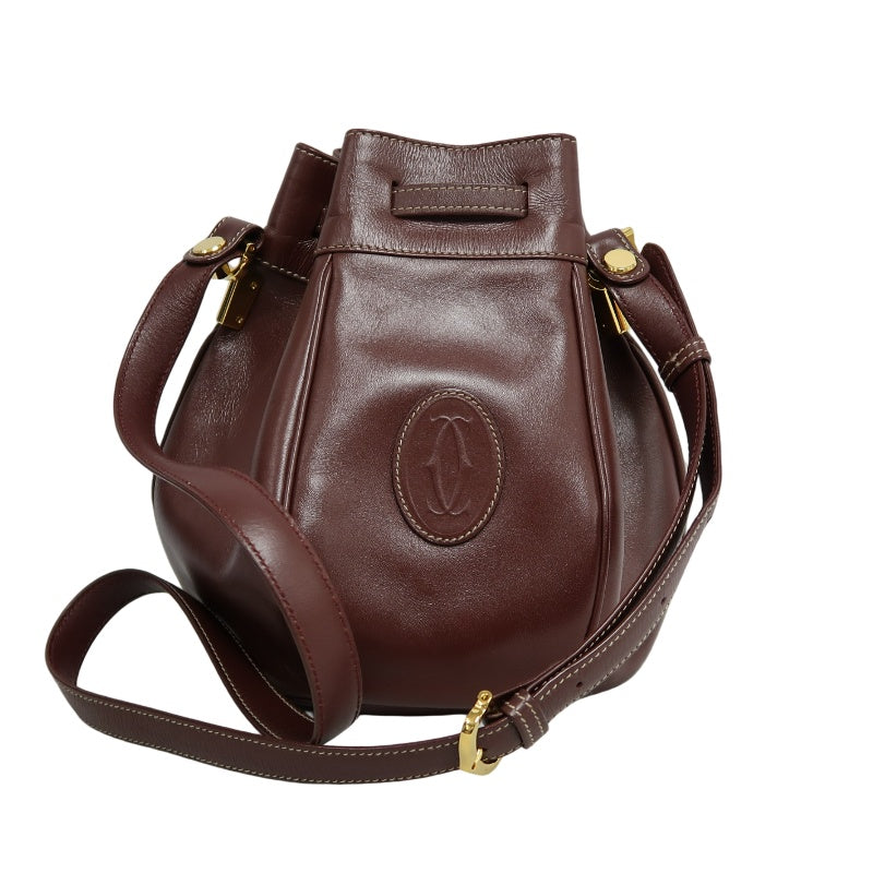 CARTIER Must de Cartier Bucket Shoulder Bag Lambskin Burgundy Red Gold Hardware Drawstring Vintage Classic