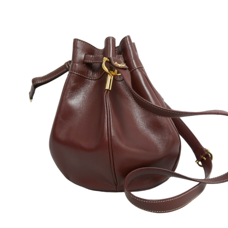 CARTIER Must de Cartier Bucket Shoulder Bag Lambskin Burgundy Red Gold Hardware Drawstring Vintage Classic