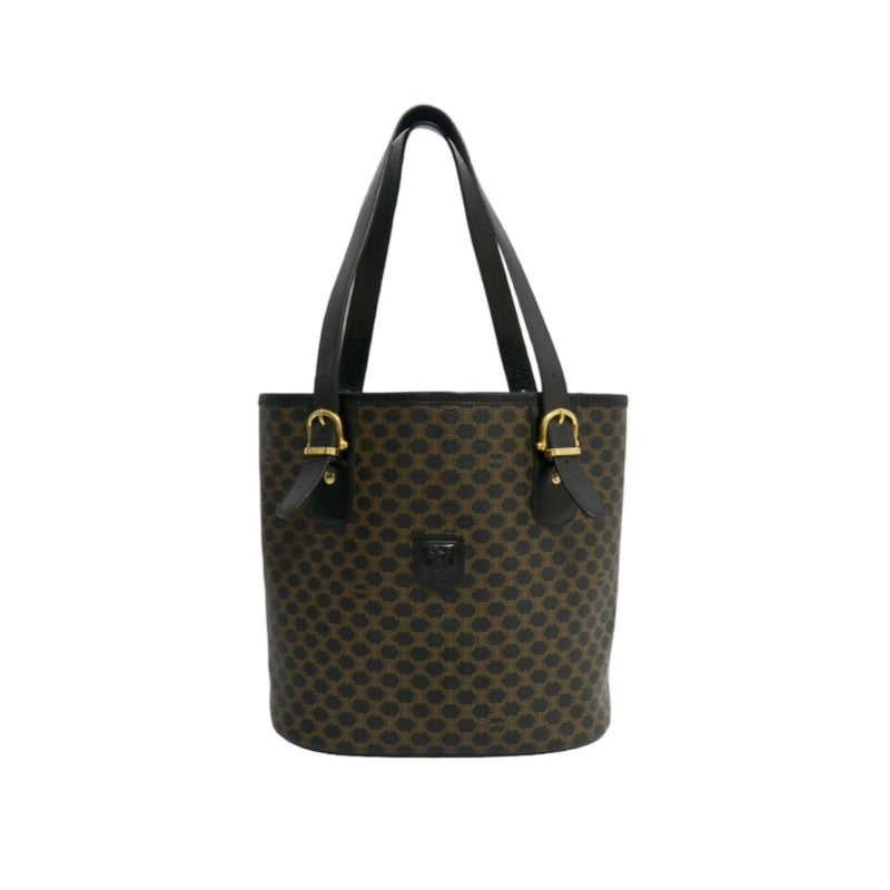 CELINE Macadam Monogram Dot Pattern Bucket Tote Bag Brown Black PVC Canvas Black Calfskin Trim Gold Horsebit Hardware Vintage Spacious Casual Shoulder Bag