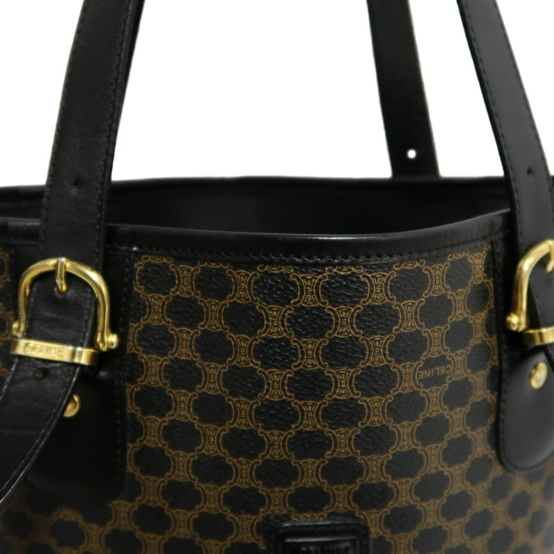 CELINE Macadam Monogram Dot Pattern Bucket Tote Bag Brown Black PVC Canvas Black Calfskin Trim Gold Horsebit Hardware Vintage Spacious Casual Shoulder Bag