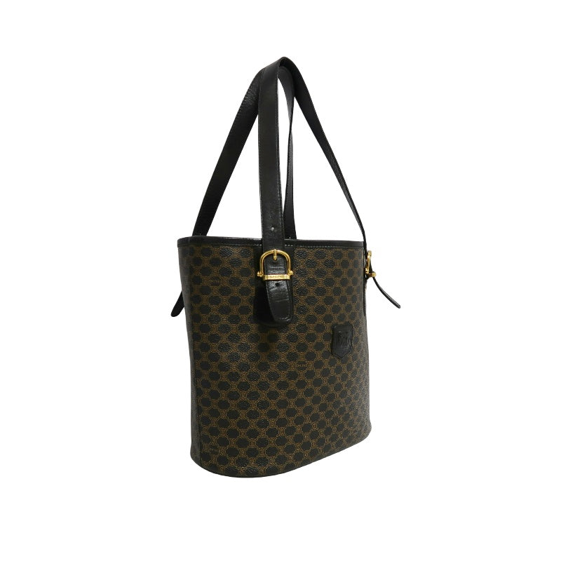 CELINE Macadam Monogram Dot Pattern Bucket Tote Bag Brown Black PVC Canvas Black Calfskin Trim Gold Horsebit Hardware Vintage Spacious Casual Shoulder Bag