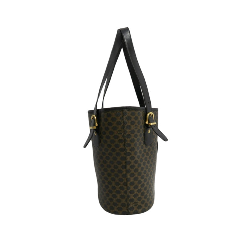 CELINE Macadam Monogram Dot Pattern Bucket Tote Bag Brown Black PVC Canvas Black Calfskin Trim Gold Horsebit Hardware Vintage Spacious Casual Shoulder Bag