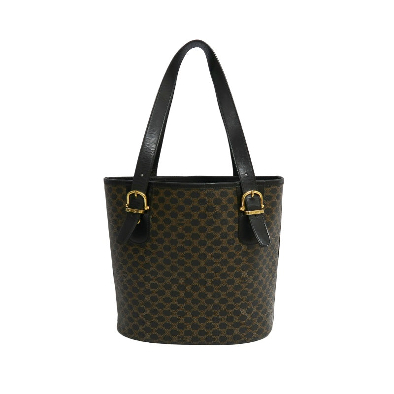 CELINE Macadam Monogram Dot Pattern Bucket Tote Bag Brown Black PVC Canvas Black Calfskin Trim Gold Horsebit Hardware Vintage Spacious Casual Shoulder Bag