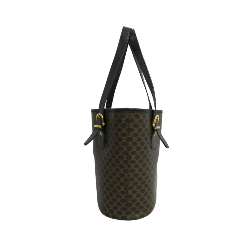CELINE Macadam Monogram Dot Pattern Bucket Tote Bag Brown Black PVC Canvas Black Calfskin Trim Gold Horsebit Hardware Vintage Spacious Casual Shoulder Bag
